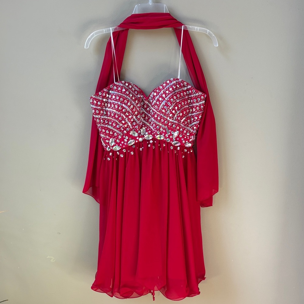 Elegant Red Strapless Dress with Beaded Bodice